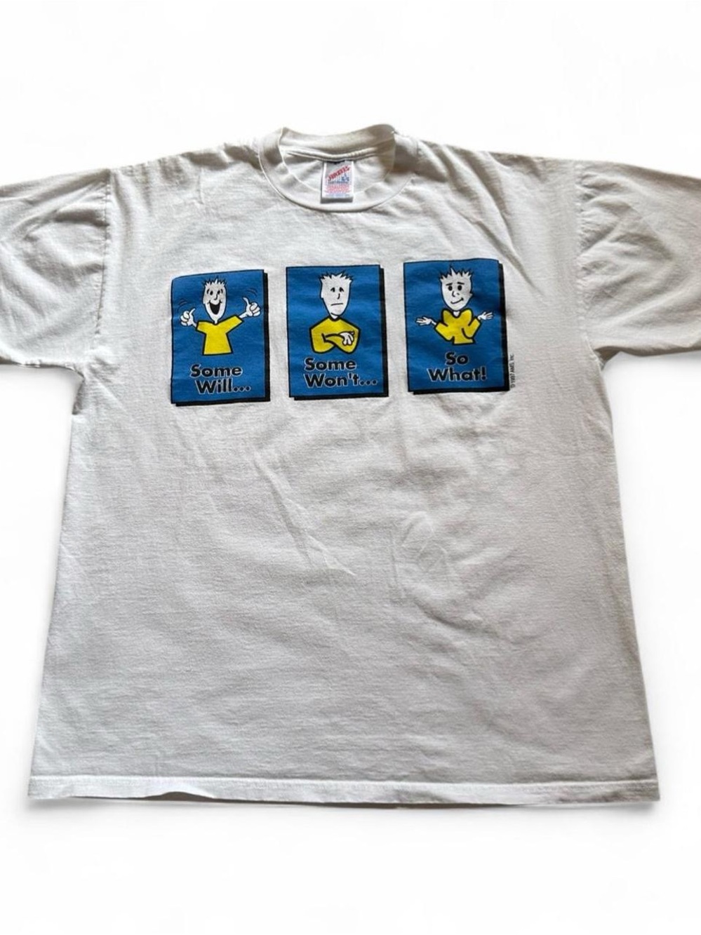 Vintage 90s White NEXT comic Graphic Crewneck T-Shirt Blue & Yellow Print L
